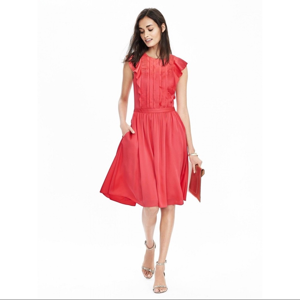 Banana Republic Pintuck Flutter-Sleeve Dress Coral